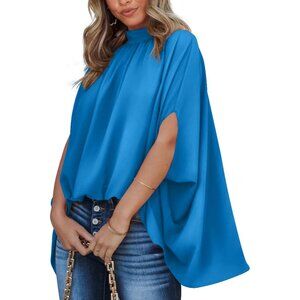 2025 Women’s Summer Mock Neck Batwing Sleeve Dressy Casual Blouse - Blue